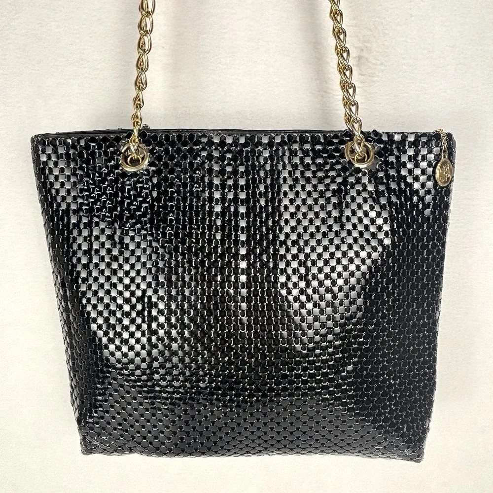 VTG Whiting & Davis Black Metal Mesh Purse Shoulder Crossbody Bag Gold Chain